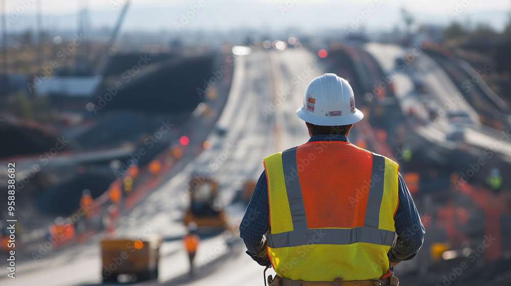 custom made wallpaper toronto digitalUbrany w kask ochronny i odblaskową kamizelkę, pracownik budowlany wykonuje swoje zadania na placu budowy szybkiej autostrady. 