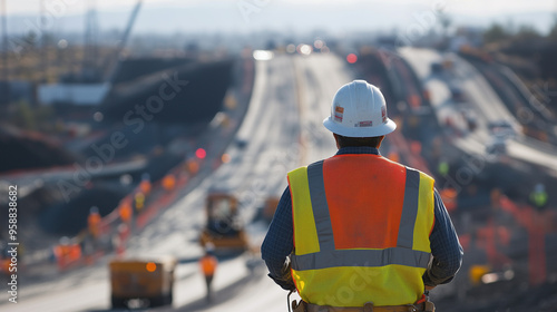 Wallpaper Mural Ubrany w kask ochronny i odblaskową kamizelkę, pracownik budowlany wykonuje swoje zadania na placu budowy szybkiej autostrady.  Torontodigital.ca