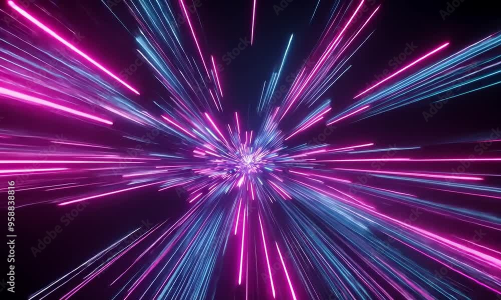 Vibrant and dynamic visual of lines radiating outwards from a central point, creating an explosion-like effect. These lines are colored in hues of purple, blue, and pink, and they appear to be moving Vibrant and dynamic visual of lines radiating outwards from a central point, creating an explosion-like effect. These lines are colored in hues of purple, blue, and pink, and they appear to be moving