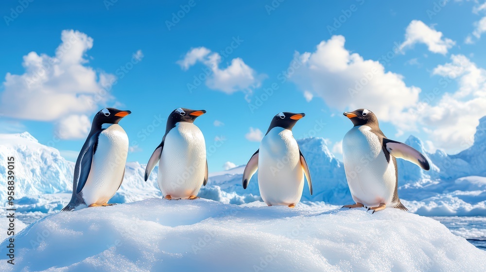Obraz premium A charming group of four penguins standing on a snowy landscape under a bright blue sky with fluffy clouds.