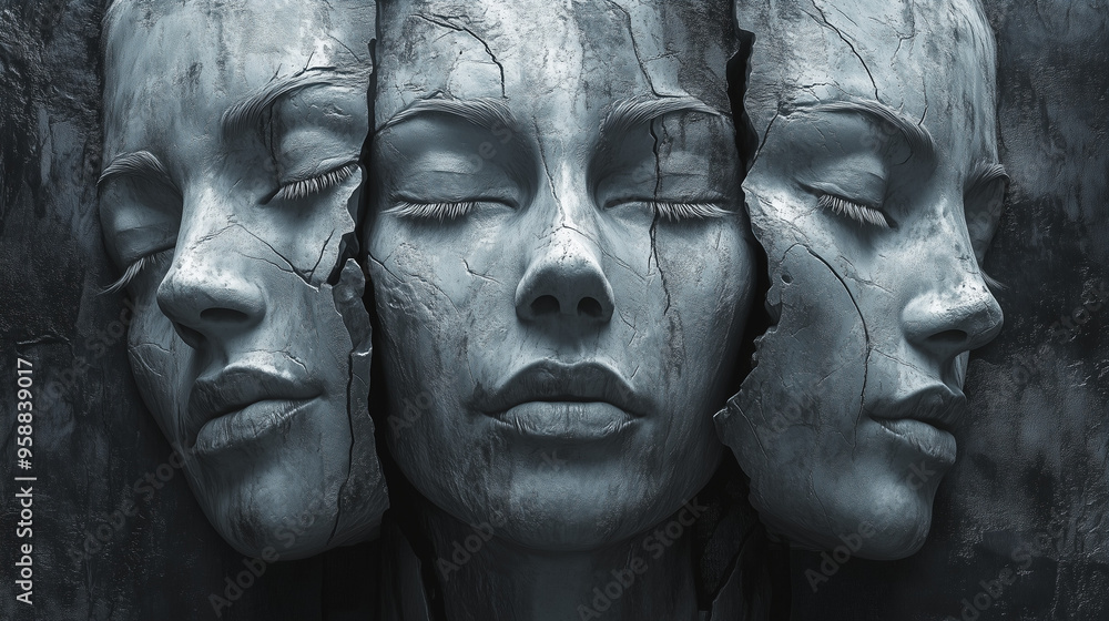 Fototapeta premium Twarze dusz, które zarysowują się w cieniu i świetle, tworząc surrealistyczną kompozycję.