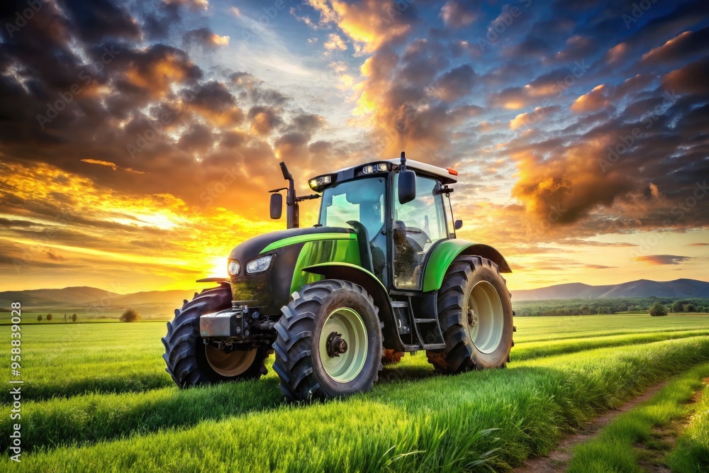 A sleek and powerful modern tractor with advanced technology and features, parked in a lush green field, symbolizing efficiency and agricultural progress. A sleek and powerful modern tractor with advanced technology and features, parked in a lush green field, symbolizing efficiency and agricultural progress.