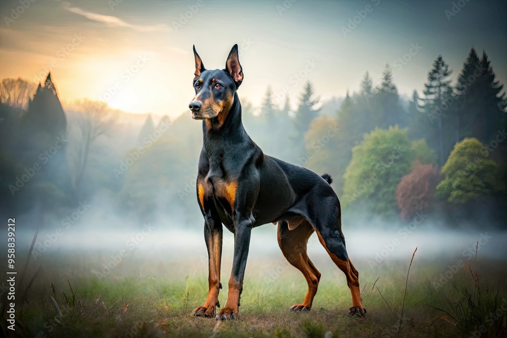 A sleek black Doberman Pinscher stands poised on a misty morning, its muscular build and piercing eyes exuding strength, loyalty, and intelligence against a serene natural backdrop. A sleek black Doberman Pinscher stands poised on a misty morning, its muscular build and piercing eyes exuding strength, loyalty, and intelligence against a serene natural backdrop.