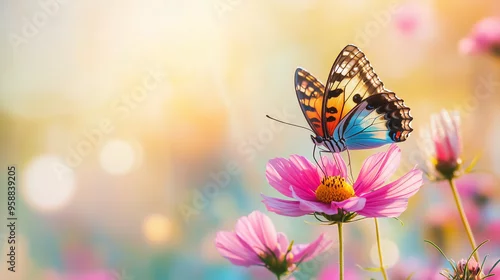 Obraz W malowniczym polu pełnym kolorowych kwiatów kosmosu, motyl spoczywa na jednym z płatków, kąpiąc się w promieniach letniego słońca. 