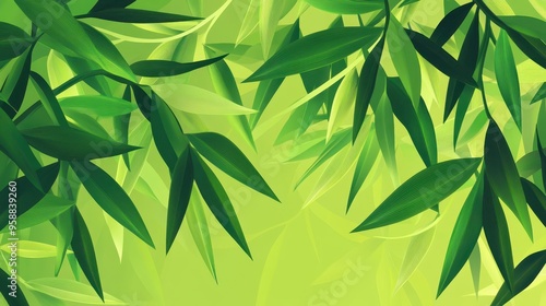 A lush bamboo leaf background with varying shades of green, perfect for nature themes or eco-friendly designs.