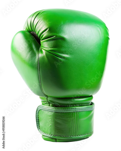 Green boxing glove shown from the back view, showcasing detailed stitching and smooth leather surface, ideal for sports training and combat workouts. Isolated on transparent background, png. photo