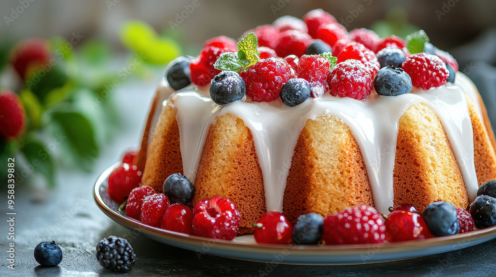 A beautiful bundt cake drizzled with thick white icing and topped with an assortment of fresh raspberries, strawberries, and blueberries. The cake is set on a light blue plate. A beautiful bundt cake drizzled with thick white icing and topped with an assortment of fresh raspberries, strawberries, and blueberries. The cake is set on a light blue plate.