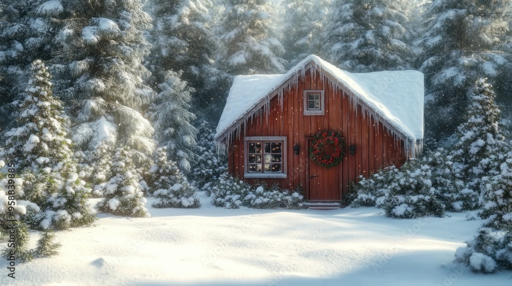 Rustic Christmas banner with wooden cabin, snow-covered pines, festive wreath, homey and inviting holiday atmosphere. Rustic Christmas banner with wooden cabin, snow-covered pines, festive wreath, homey and inviting holiday atmosphere.