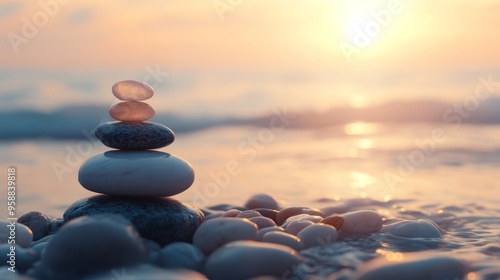 Balanced Stones on a Beach at Sunset, Symbol of Tranquility and Stress Relief