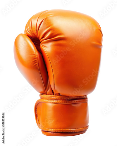 Orange leather boxing glove photographed from an angled view, emphasizing smooth leather texture and protective padding for effective performance in boxing. Isolated on transparent background, png. photo