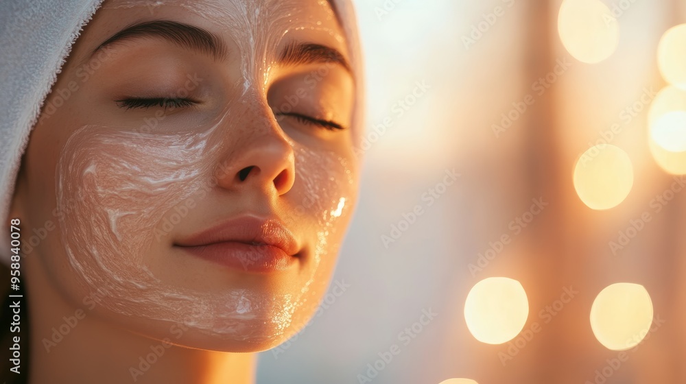 Close-up of a Woman with a Face Mask, Eyes Closed, Serene Expression with a Soft, Warm Bokeh Background Close-up of a Woman with a Face Mask, Eyes Closed, Serene Expression with a Soft, Warm Bokeh Background
