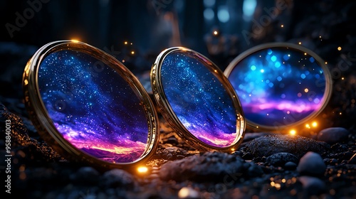 Three ornate mirrors reflecting a vibrant galaxy, showcasing a mystical and enchanting cosmic scene in a captivating forest.