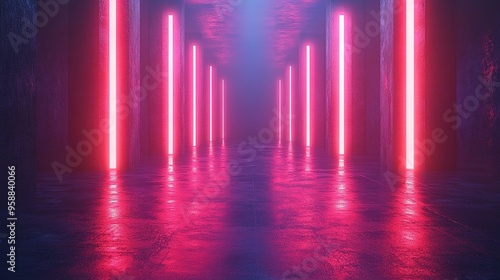 Wallpaper Mural cycle animation dynamic neon lines glowing in the dark room with floor reflection virtual flowing data stream abstract backgroun of fluorescent ribbon loop fantastic minimalist wallpaper Torontodigital.ca