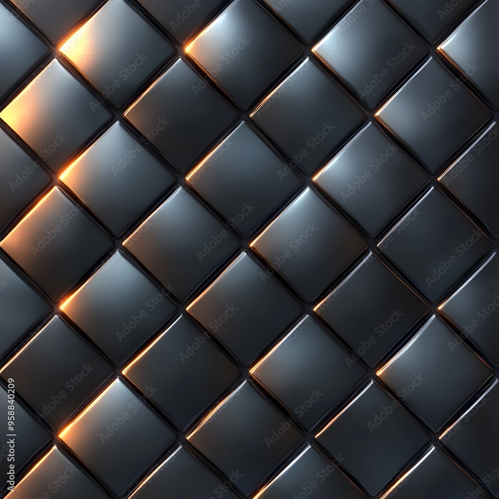 Fototapeta premium A black and white image of a patterned surface with a metallic sheen. The image has a modern and sleek feel to it, with the squares and lines creating a sense of depth and texture