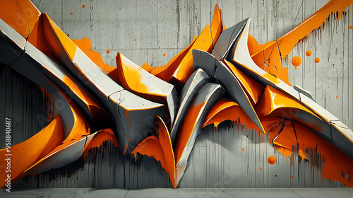 Abstract 3D Graffiti Art with Bold Orange and Metallic Shapes on Concrete Wall photo