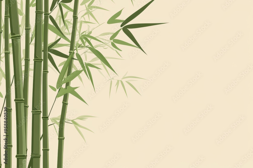 Fototapeta premium A serene composition of bamboo stalks with delicate leaves against a neutral background, perfect for calming designs.