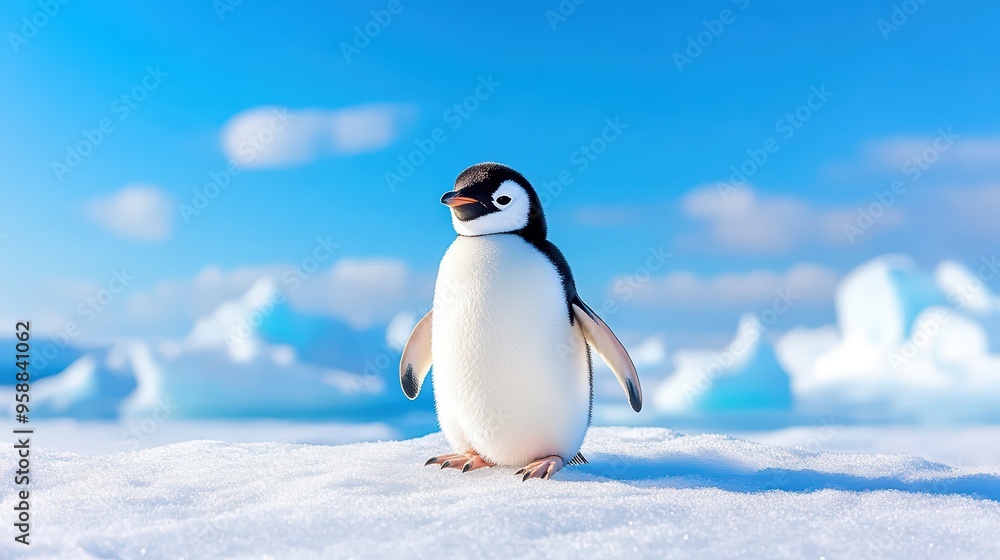 Obraz premium A charming penguin stands on the bright, icy landscape, showcasing the beauty of nature in a serene winter setting.