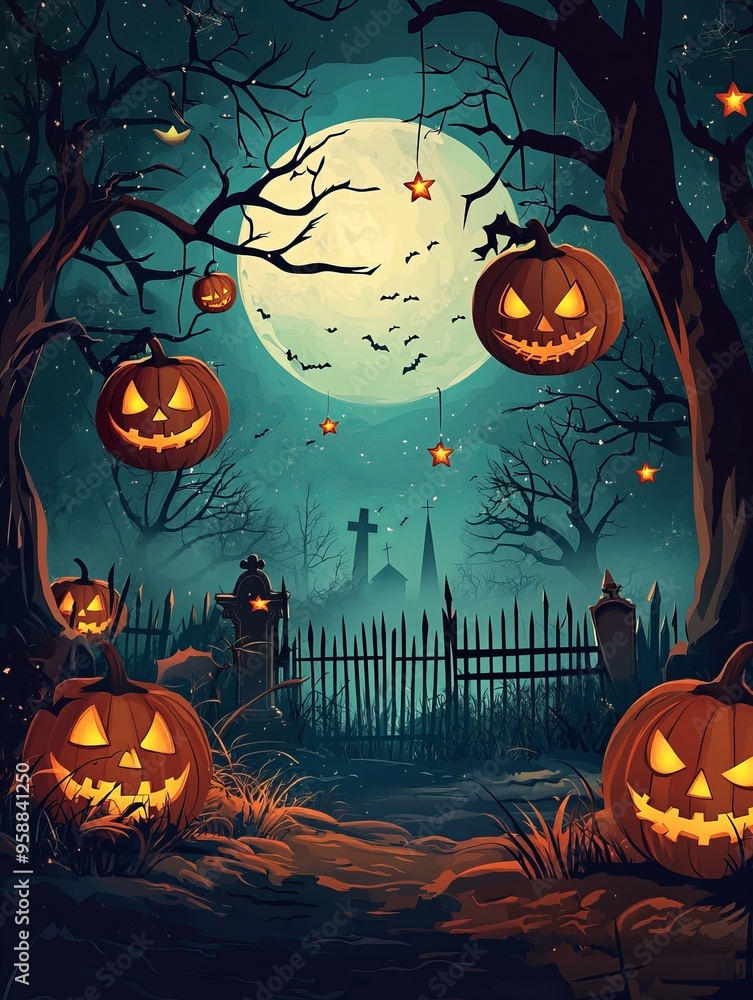 Fototapeta premium Full Moon Halloween Night with Spooky Forest and Pumpkin Heads