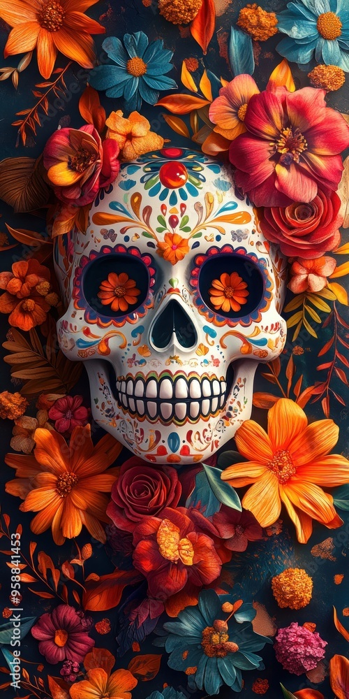 Vibrant Day of the Dead calavera poster with intricate sugar skull details, colorful flowers, and bold festive patterns. Vibrant Day of the Dead calavera poster with intricate sugar skull details, colorful flowers, and bold festive patterns.