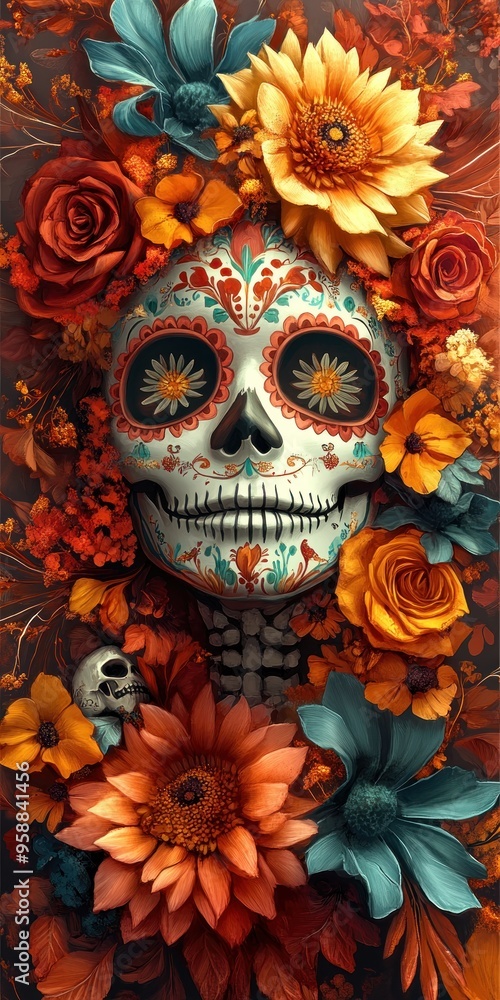 Bold Day of the Dead calavera banner with striking sugar skull and dynamic, colorful background. Bold Day of the Dead calavera banner with striking sugar skull and dynamic, colorful background.