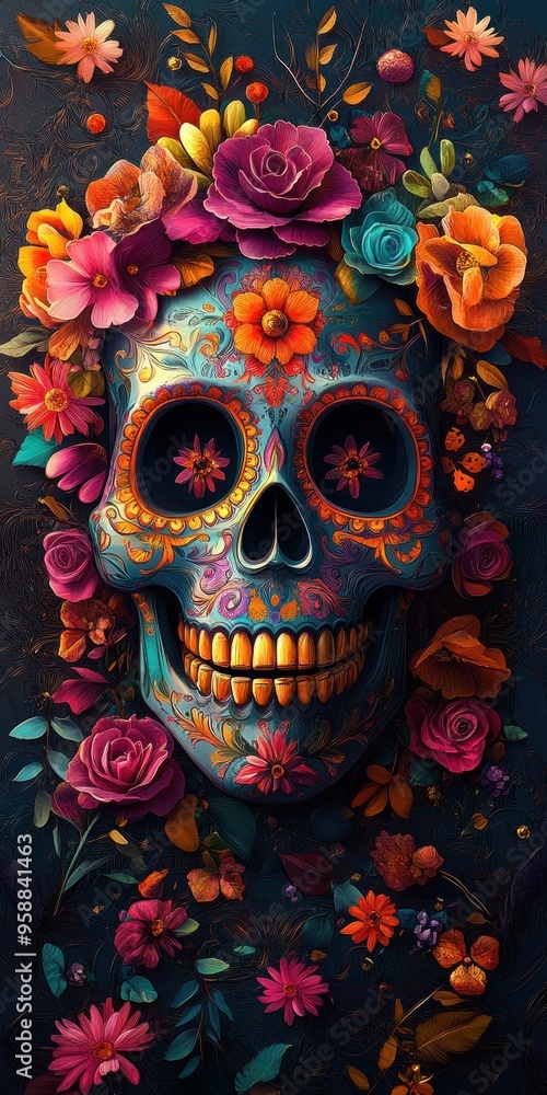 Artistic Day of the Dead calavera poster with elaborate sugar skull design, bright colors, floral patterns, and geometric shapes. Artistic Day of the Dead calavera poster with elaborate sugar skull design, bright colors, floral patterns, and geometric shapes.