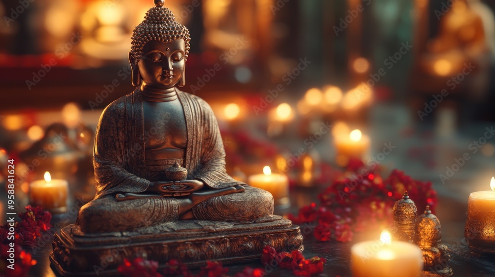 Fototapeta premium Full-length small Buddha figure on traditional altar with warm light and space around edges.