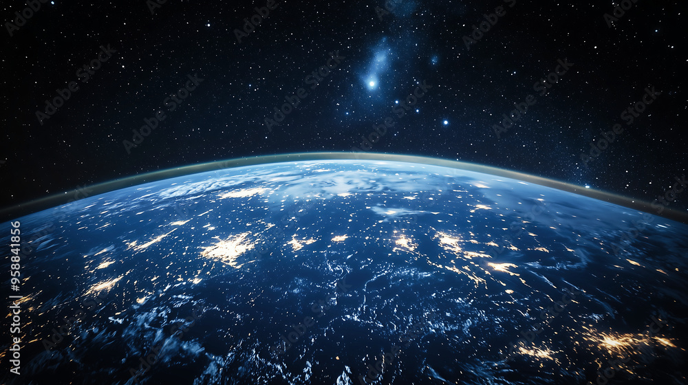 Obraz premium Stunning View of Earth from Space with City Lights and Starry Sky