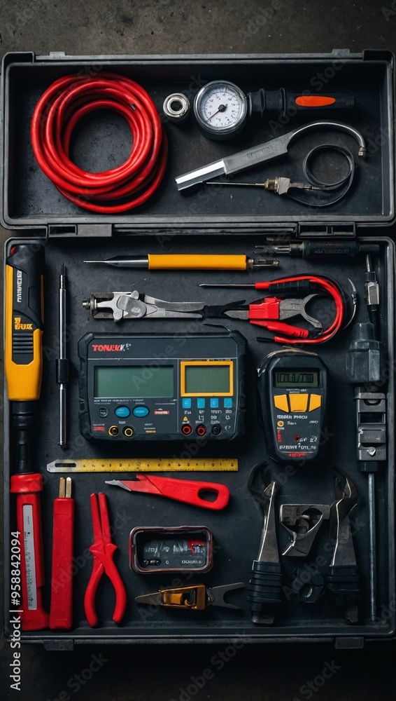 Top view of a metal workbench, displaying various car mechanics tools like a digital multimeter and calipers. Top view of a metal workbench, displaying various car mechanics tools like a digital multimeter and calipers.