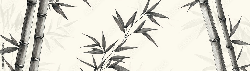 Naklejka premium Elegant black and white bamboo pattern creates a serene atmosphere, perfect for nature-themed projects and backgrounds.