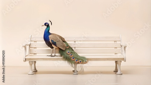 Peacock on a bench of an urban park photo