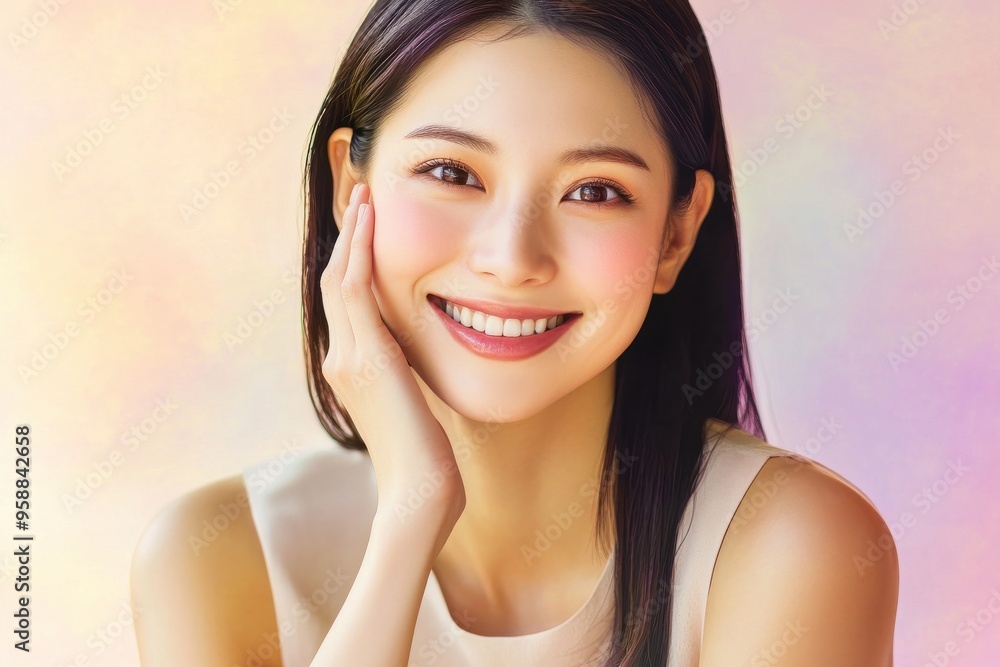 頬に手をあてる日本人女性(婚活・マッチングアプリ・スキンケア・美容整形) 頬に手をあてる日本人女性(婚活・マッチングアプリ・スキンケア・美容整形)