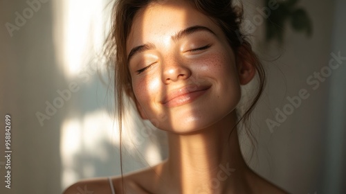 Woman with radiant skin enjoys a moment of self-care and relaxation, bathed in soft natural light.