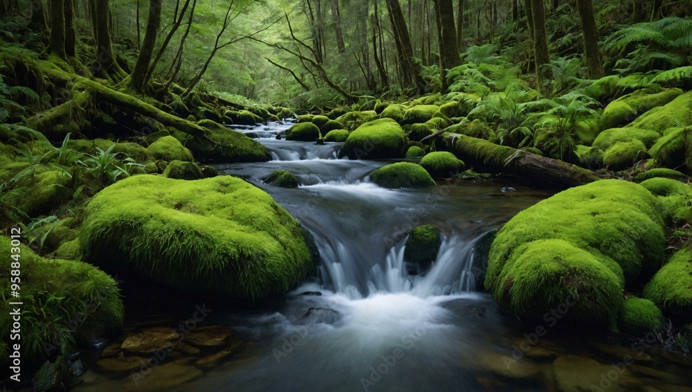 Tranquil forest stream surrounded by lush green moss, embodying nature's serene beauty. Tranquil forest stream surrounded by lush green moss, embodying nature's serene beauty.