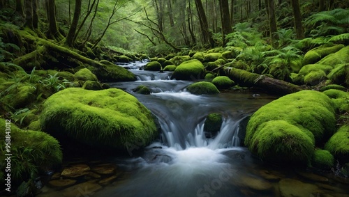 Tranquil forest stream surrounded by lush green moss, embodying nature's serene beauty.
