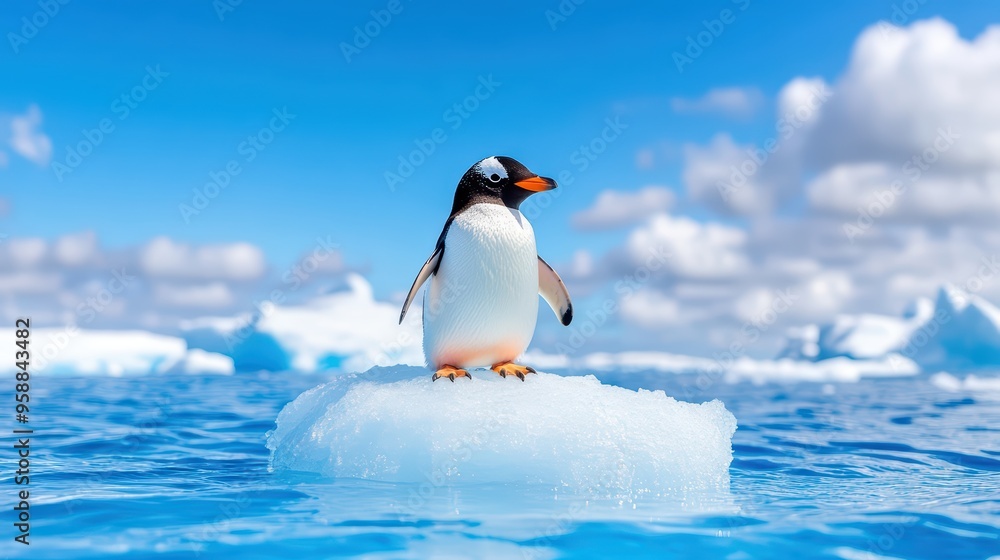 Obraz premium A cheerful penguin stands on a small iceberg, surrounded by clear blue waters and fluffy clouds, embodying the beauty of nature.