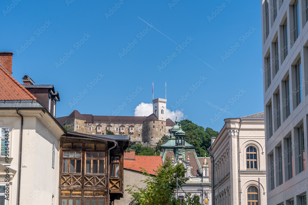 View of Ljubljana castle watch tower as seen from downtown