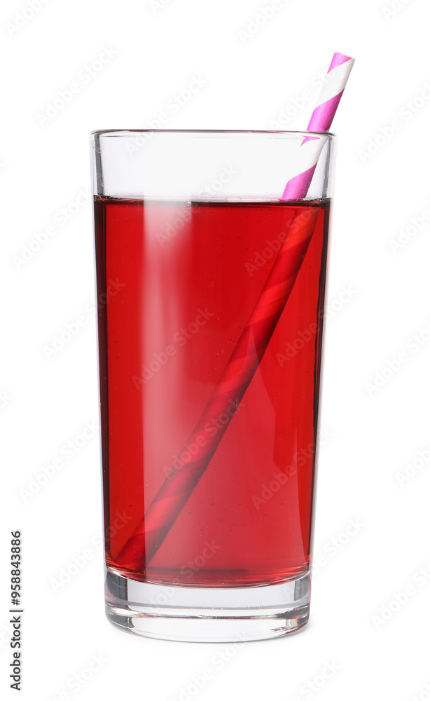 Tasty juice in glass and straw isolated on white Tasty juice in glass and straw isolated on white