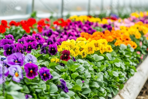 Modern greenhouse growing blossoming violets, selectively focusing on one variety photo