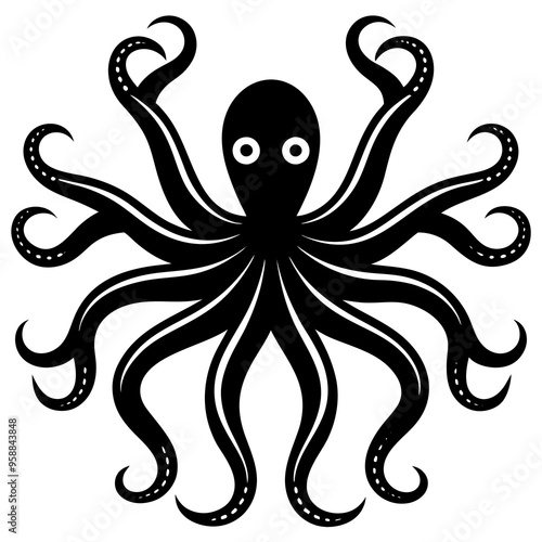 Octopus with eight arms swimming black silhouette vector illustration