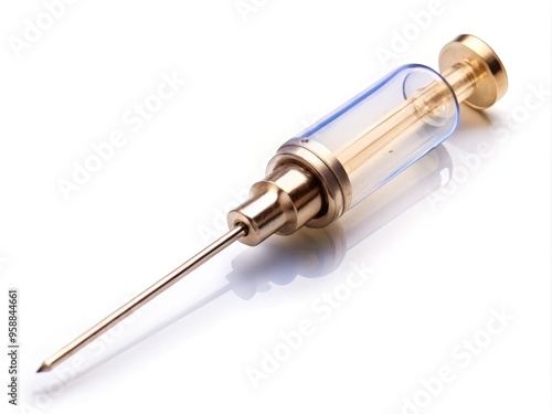 A sterile, stainless steel hypodermic needle with a transparent plastic hub and fine point, isolated on a white background, ready for administration. photo