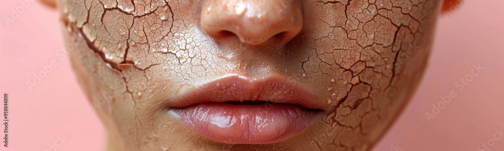 Fototapeta premium Close up of a woman's face with a mud mask, dry skin , banner, copy space
