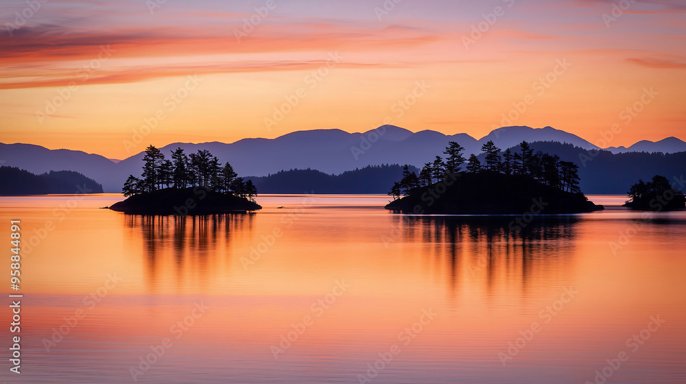 Serene Sunset Over Calm Waters with Islands and Mountain Silhouette Serene Sunset Over Calm Waters with Islands and Mountain Silhouette