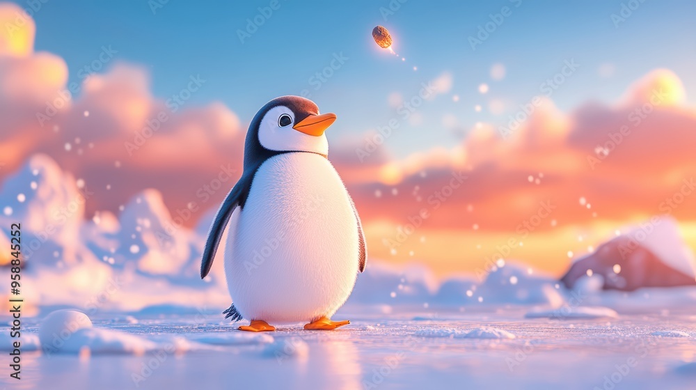 A cute penguin stands on icy terrain, surrounded by snow and a colorful sky, capturing a serene and whimsical winter scene. A cute penguin stands on icy terrain, surrounded by snow and a colorful sky, capturing a serene and whimsical winter scene.