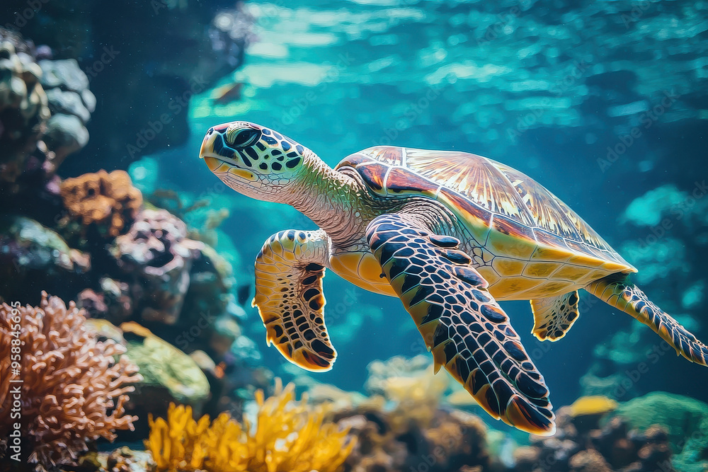 Obraz premium A majestic sea turtle glides gracefully through a vibrant underwater coral reef, depicting the diversity and beauty of marine life and the importance of ocean conservation.