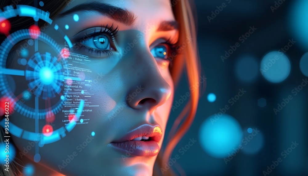 Blue and Red Digital Interface Overlay on Woman's Face Blue and Red Digital Interface Overlay on Woman's Face