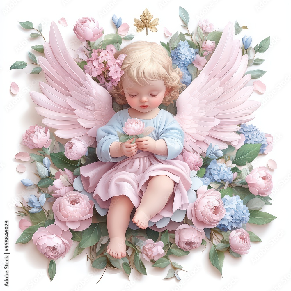 A delicate angelic child surrounded by colorful blooms, radiating serenity and innocence in a whimsical floral design. A delicate angelic child surrounded by colorful blooms, radiating serenity and innocence in a whimsical floral design.