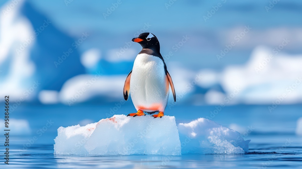 Obraz premium A graceful penguin standing on an iceberg, showcasing its vibrant colors against a stunning icy backdrop.