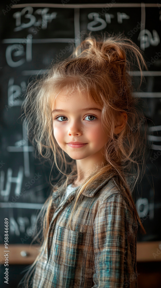 Portrait of girl learning education in classroom, school numbers backgrounds on the blackboard. Portrait of girl learning education in classroom, school numbers backgrounds on the blackboard.