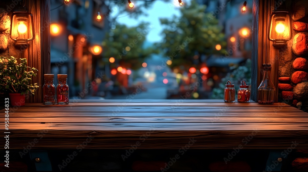 A wooden table with a view of a city street. The table is empty except for a few bottles and a potted plant. Scene is calm and peaceful, with the view of the city providing a sense of serenity A wooden table with a view of a city street. The table is empty except for a few bottles and a potted plant. Scene is calm and peaceful, with the view of the city providing a sense of serenity