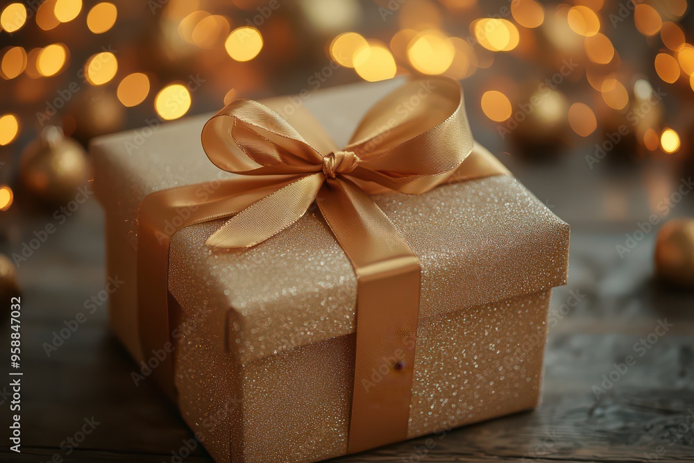 Golden Ribbon Wrapped Christmas Gift with Glowing Lights Golden Ribbon Wrapped Christmas Gift with Glowing Lights
